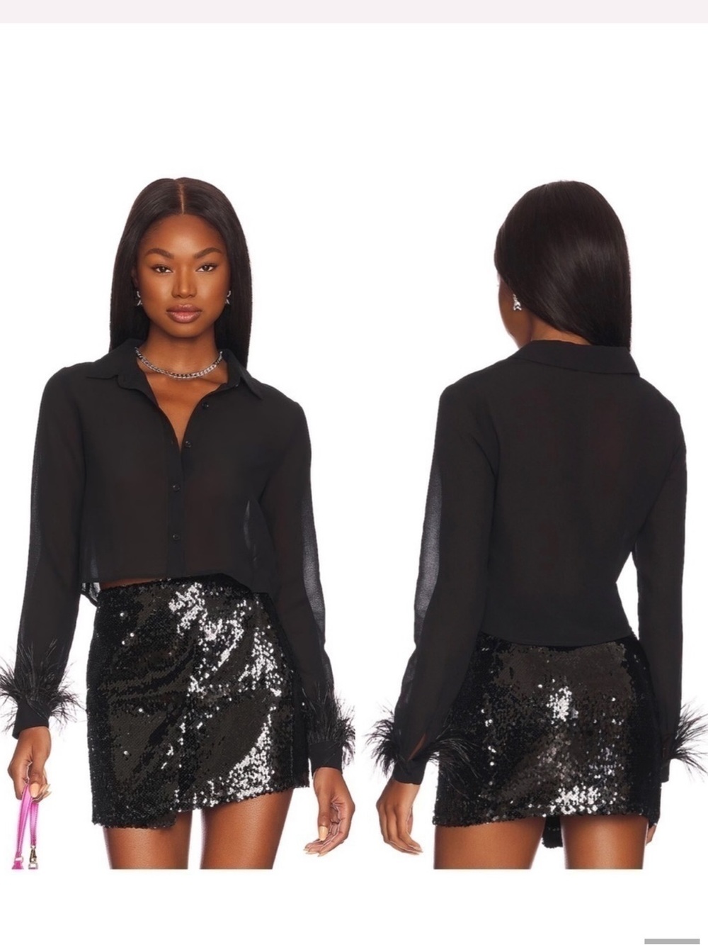 Revolve superdown Black Sheer Button-Up Blouse with Feather Cuffs